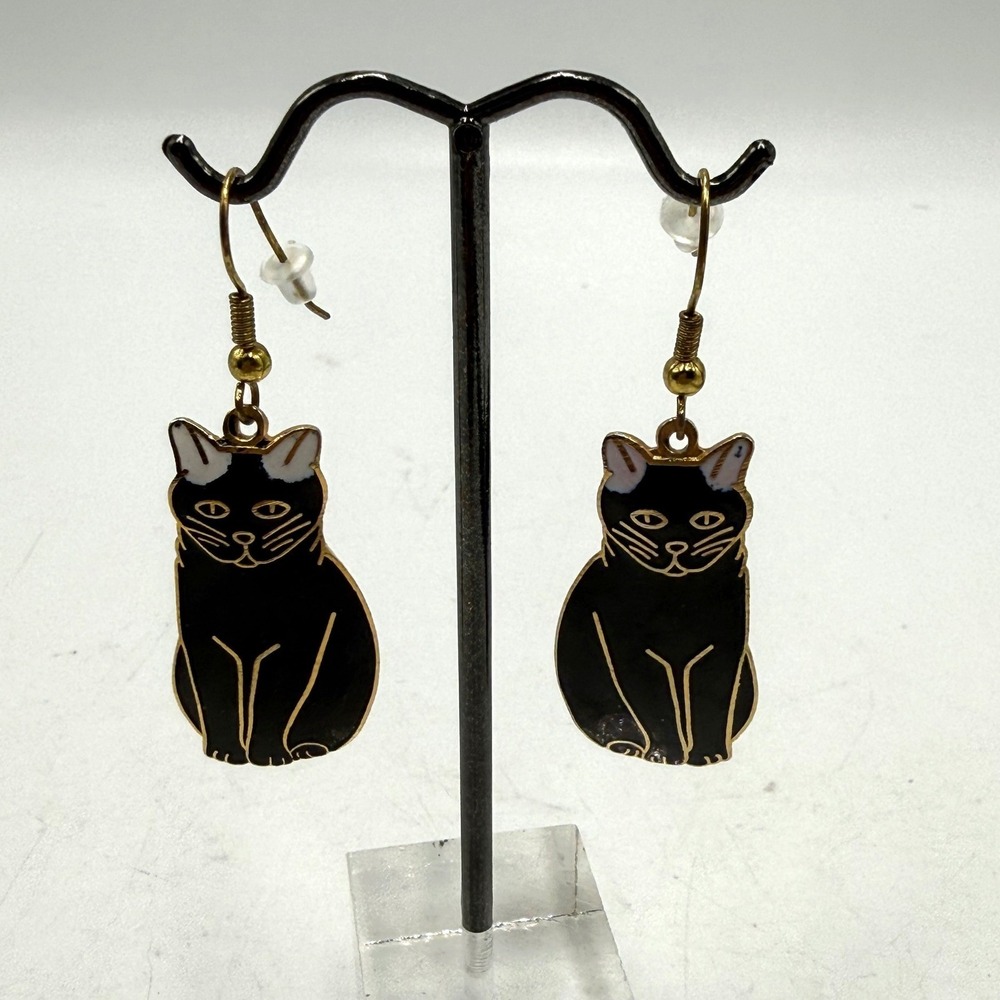 Black Enamel Cat Dangle Earrings Gold Tone Whimsical Feline Jewelry Kitty Lover
